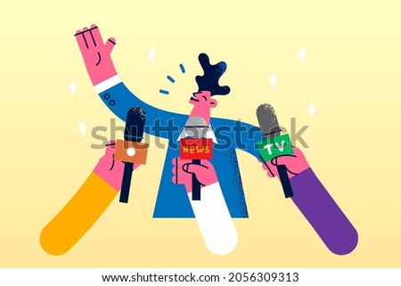 Politician, star or public speaker concept. Young smiling man cartoon character standing answering questions of interviews journalists press vector illustration