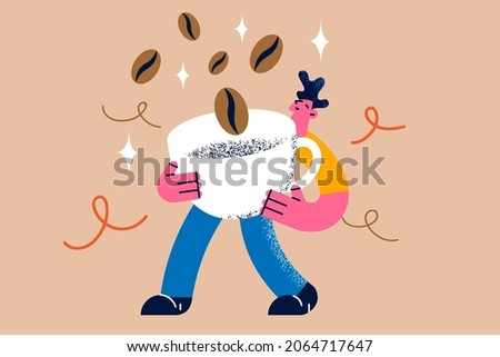 Coffee beans and Energy concept. Young smiling man cartoon character barista walking holding huge coffee beans in cup vector illustration 