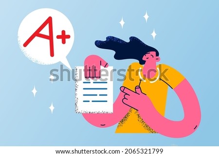 Perfect education marks success concept. Smiling happy girl cartoon character standing holding document test in school or university with perfect excellent mark vector illustration 