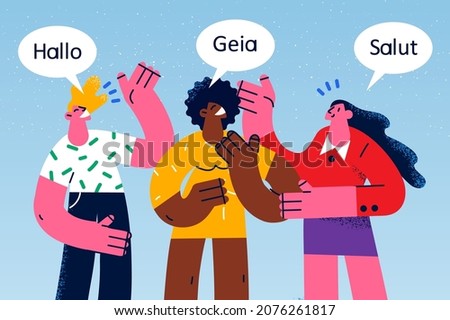 Diverse people talk communicate in different languages. International friends from various countries speak and chat. Diversity concept. Communication around globe. Flat vector illustration. 