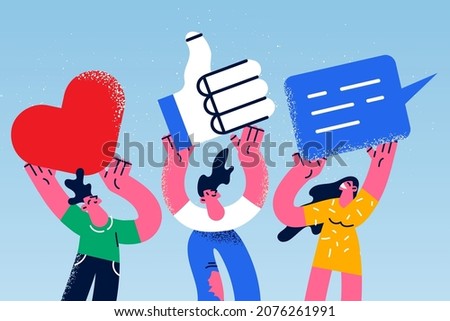 Smiling young people hold like and comment emojis give client feedback. Happy men and women show emoticons express good or bad quality service. Consumerism concept. Vector illustration. 