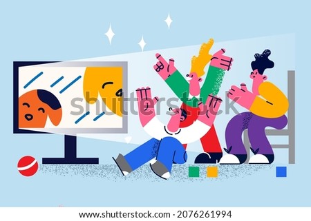 Happy children relax at home have fun watching cartoons on TV together. Smiling little kids rest laugh enjoy childish movie or program on television. Entertainment concept. Vector illustration. 