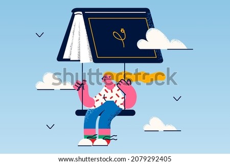 Happy girl reader fly on book as parachute enjoy literature. Smiling young woman dive into new world or horizons reading fairytale or novel. Education and self-development. Vector illustration. 