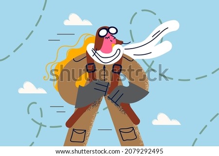 Happy man pilot in retro uniform feel brave and courageous. Male aviator in vintage formalwear ready for flight. Military aircraft driver or airman. Vector illustration, cartoon character. 