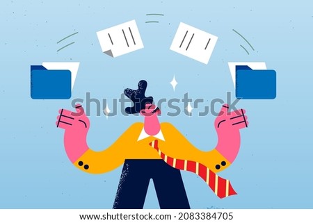 Smiling male employee with folders transfer send files via wireless technology. Happy businessman busy with paperwork documents, share business data to recipient. Flat vector illustration. 
