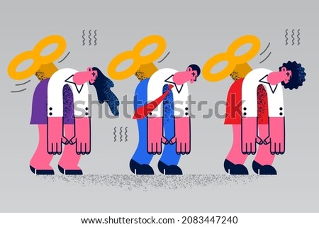 Diverse employees with wind-up key in back overwhelmed with office work feel fatigue at workplace. Tired businesspeople exhausted with company schedule. Burnout, overwork. Vector illustration.  商業照片 © 