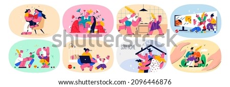 Set of family with children relax at home on covid-19 quarantine pandemic. Collection of parents with kids rest play stay home on corona virus lockdown. Healthcare. Flat vector illustration. 