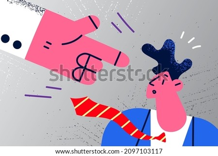 Huge boss hand point threaten to scared male employee or worker about firing. Businessman or employer make warning to man at workplace. Subordinate, job discrimination. Vector illustration.  Foto d'archivio © 