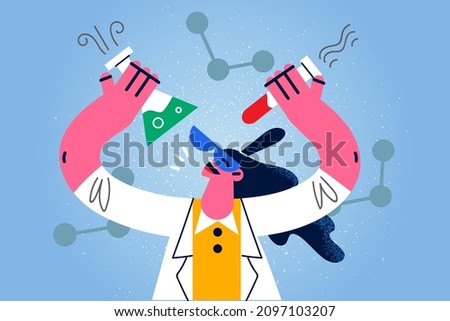 Happy woman scientist in medical uniform with tubes make experiments in laboratory. Smiling female researcher or professional develop vaccine in lab. Science concept. Vector illustration. 