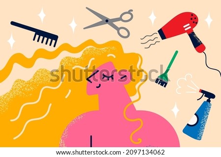 Happy young woman with stylist tools around feel satisfied in beauty saloon get new hairstyle done. Smiling female client excited with hair treatment or procedure in salon. Vector illustration. 