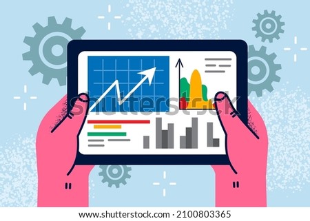Businessperson hold modern tablet check analyze financial diagrams and chart trading online on stock exchange market. Man entrepreneur work on pad with finances. Flat vector illustration. 