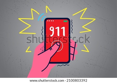 Close up of person hold cellphone call 911 for urgent help. Man or woman victim dial emergency number on smartphone. Ambulance and urgency. People in danger. Vector illustration. 