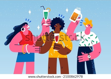 Happy diverse young people with glasses have fun on party together. Smiling multiracial friends drink beverages celebrate special occasion. Summer celebration. Vector illustration. 