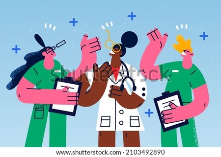 Smiling African American woman doctor with diverse nurses help patients in hospital. Happy ethnic female GP and medical workers with medical cards or journals. Healthcare. Vector illustration. 