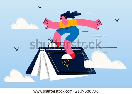 Happy little girl child fly on book enjoy fairytale world. Smiling dreamy small teen kid enjoy literature reading, open new horizons. Booklover, library and bookstore concept. Vector illustration. 