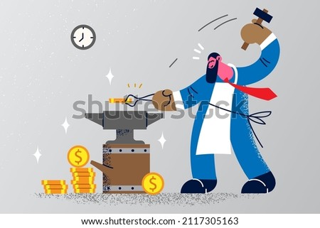 Businessman forge money on classic old anvil. Motivated male employee or entrepreneur make coins. Profit and income. Successful entrepreneurship. Flat vector illustration. 