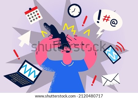 Stressed businesswoman overwhelmed with work tasks manage to meet deadline in office. Anxious female worker or employee frustrated with job plans and notification. Vector illustration.  商業照片 © 