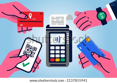 Diverse people hands with smartphone, credit card and smartwatch pay on POS terminal. Clients make payment using contactless wireless method. NFC concept. Vector illustration. 