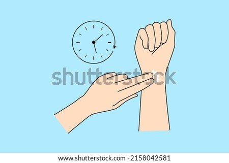 Close up of person check pulse with two fingers technique on wrist. Unhealthy man or woman measure radial pulse on hand. Medicine and healthcare concept. Vector illustration. 