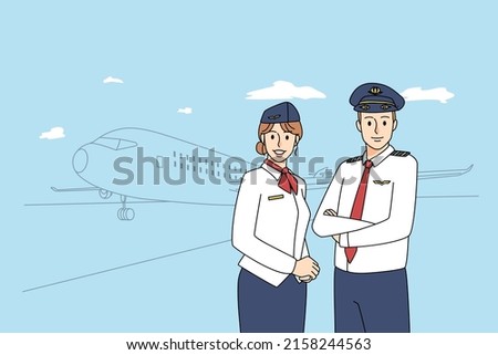 Smiling pilot and stewardess posing together near aircraft. Happy airplane crew members in uniform near plane ready for flight in airport. Flat vector illustration. 