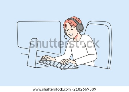 Boy in headphones play video games on PC at home. Child gamer enjoy console on computer. Addiction o technology. Gaming concept. Vector illustration. 