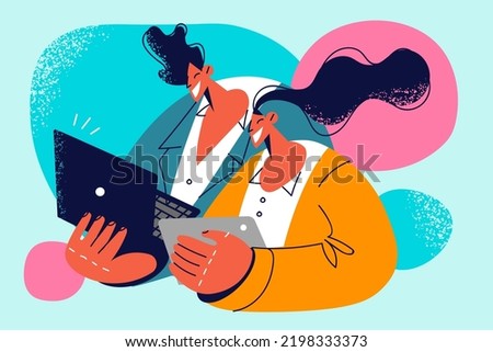 Happy businesspeople cooperate working on gadgets together in office. Smiling colleagues brainstorm collaborate on devices. Teamwork concept. Vector illustration. 