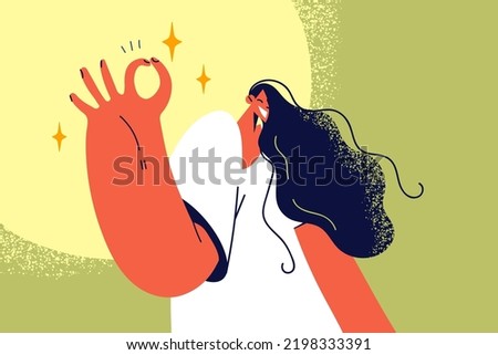 Smiling young woman show all right hand gesture. Happy girl demonstrate ok sign. Nonverbal communication concept. Vector illustration. 