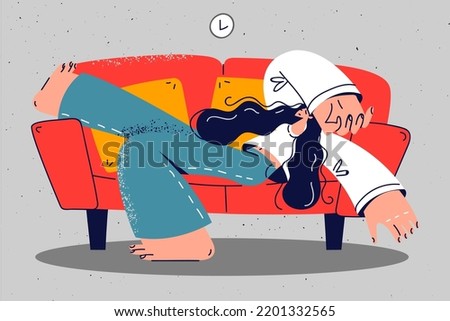 Exhausted young woman lying on couch at home sleeping or taking nap. Tired girl relax daydream on sofa indoors. Relaxation concept. Vector illustration. 