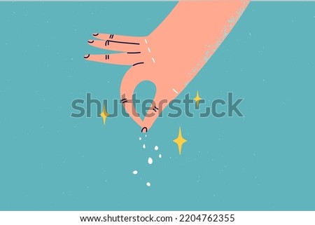 Person hand add spices to food or meal. Chef or cook adding salt for dish. Cooking and cuisine. Vector illustration. 