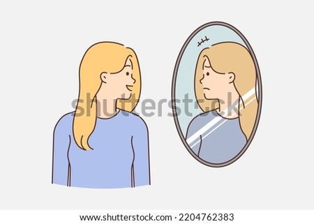 Smiling young woman look in mirror see unhappy upset face suffer from depression or mental problems. Girl with mood swings struggle with personality disorder. Vector illustration. 