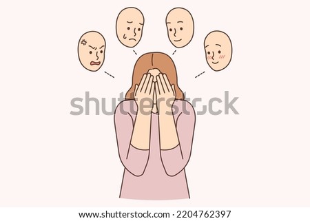 Distressed woman suffer from mood swings having personality disorder. Unhappy girl struggle with different moods. Depression and mental problems. Vector illustration. 