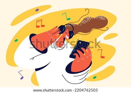 Smiling girl in headphones listen to music on smartphone. Happy young woman enjoy good quality sound in earphones using cellphone. Vector illustration. 