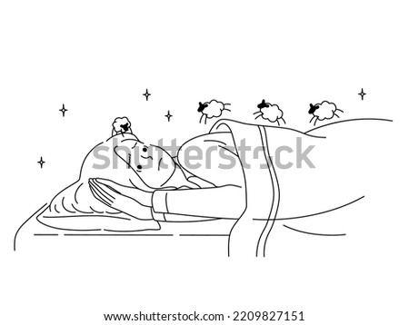 Unhappy woman lying in bed counting sheep suffer from insomnia. Stressed female suffer from thoughts unable to sleep. Health problems. Vector illustration.  Foto stock © 