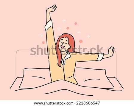 Happy young woman stretch waking up in bed at home. Smiling girl enjoy good morning in bedroom. Relaxation concept. Vector illustration. 