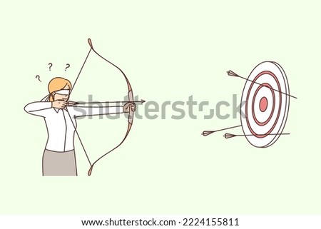 Businesswoman shooting arrows on target. Blindsided female employee aim at business goal. Achievement. Vector illustration. 