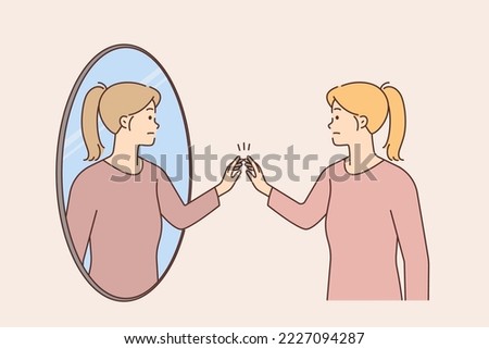 Woman look in mirror talk to other self. Distressed girl suffer from bipolar disorder or psychological problems. Vector illustration. 