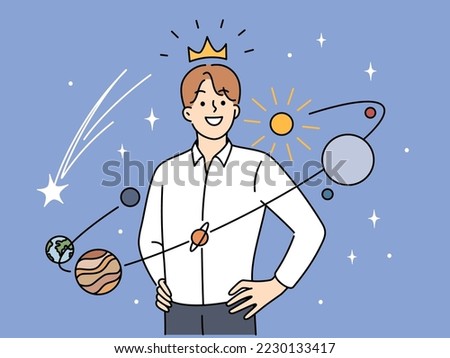 Confident young man in crown stand in center of universe feeling narcissist. Successful male with planets around feel self-love and confidence. Vector illustration. 