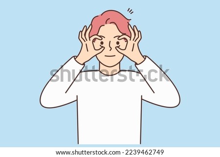 Young man open eyes with hands. Stressed male looking with eyes wide open feeling shocked or amazed. Vector illustration. 