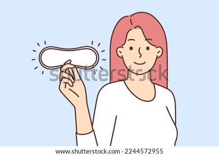 Smiling young woman holding hygienic pad in hands. Happy female recommend beauty product for periods. Menstruation and healthcare. Vector illustration. 