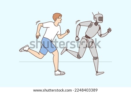 Robot and human running competition together. Robotic machine or android win race finish first. Artificial intelligence and new technology. Vector illustration. 