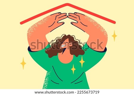 Smiling woman make roof with hands excited with own housing or dwelling. Happy female renter or tenant under rooftop. Real estate. Vector illustration. 