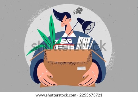Unhappy male employee with box of personal belongings stressed with office dismissal. Upset man fired from work, carry documents and paperwork. Job quit. Vector illustration. 