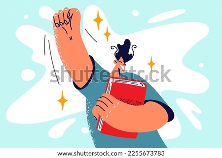 Overjoyed man with book in hands celebrate school academic achievement or success. Smiling guy with textbook triumph with accomplishment. Vector illustration. 