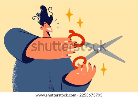 Smiling man holding scissors cutting something. Happy male with cutters in hands. Creative work and hobby. Vector illustration. 