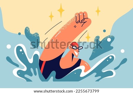 Smiling swimmer in uniform and hat triumph win race in pool. Happy male athlete excited with good results in swimming pool. Sport and competition. Vector illustration. 