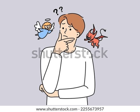 Confused young man with devil and angel on different sides decide or think. Frustrated guy feel unsure and doubtful about getting right or wrong decision. Vector illustration.