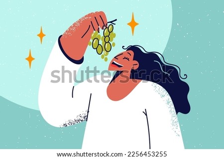 Smiling woman eating fresh grapes from branch. Happy girl enjoy fruits follow healthy lifestyle. Nutrition and diet. Vector illustration. 