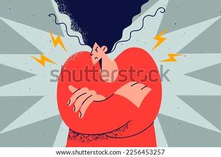 Angry woman feel furious and emotional. Girl showing fury and anger. Mad female with arms crossed. Vector illustration. 