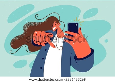 Smiling woman take picture with cellphone point at screen. Happy girl photograph with smartphone show with finger at camera. Vector illustration. 