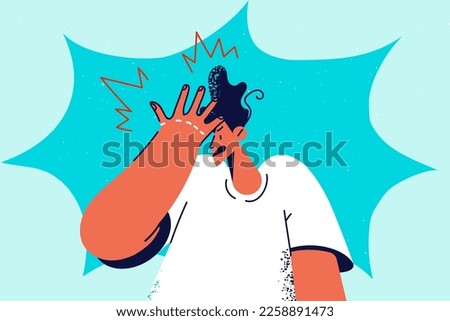 Frustrated man make face palm gesture remembering something. Confused guy feel embarrassed thinking or considering. Vector illustration. 
